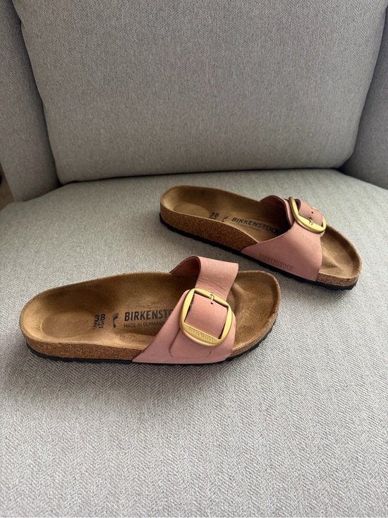 Birkenstock Shoes - Birkenstock Single-Strap Slide in Dusty Pink with Gold Buckles